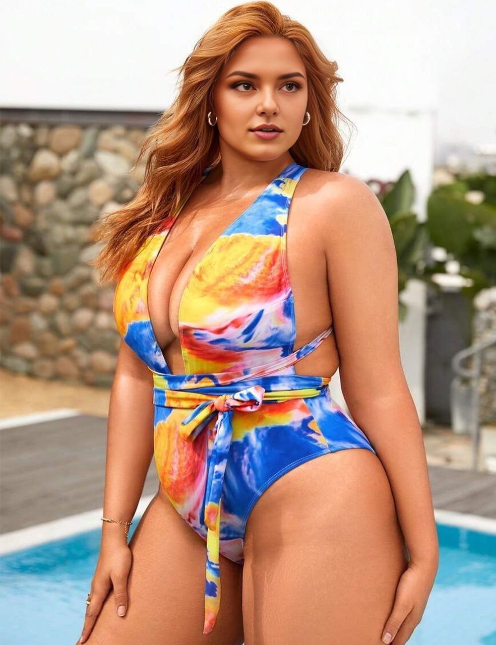 Plus Size Deep V Tie Dye Belted Swimsuit