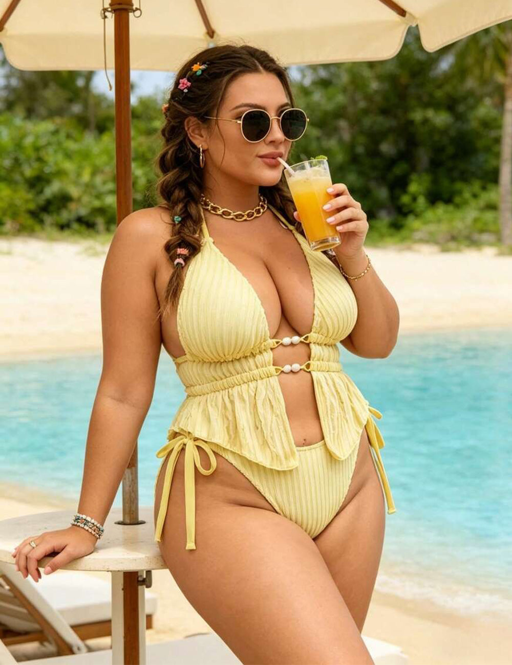 Textured Halter Cut Out Plus Size Tankini Swimsuit