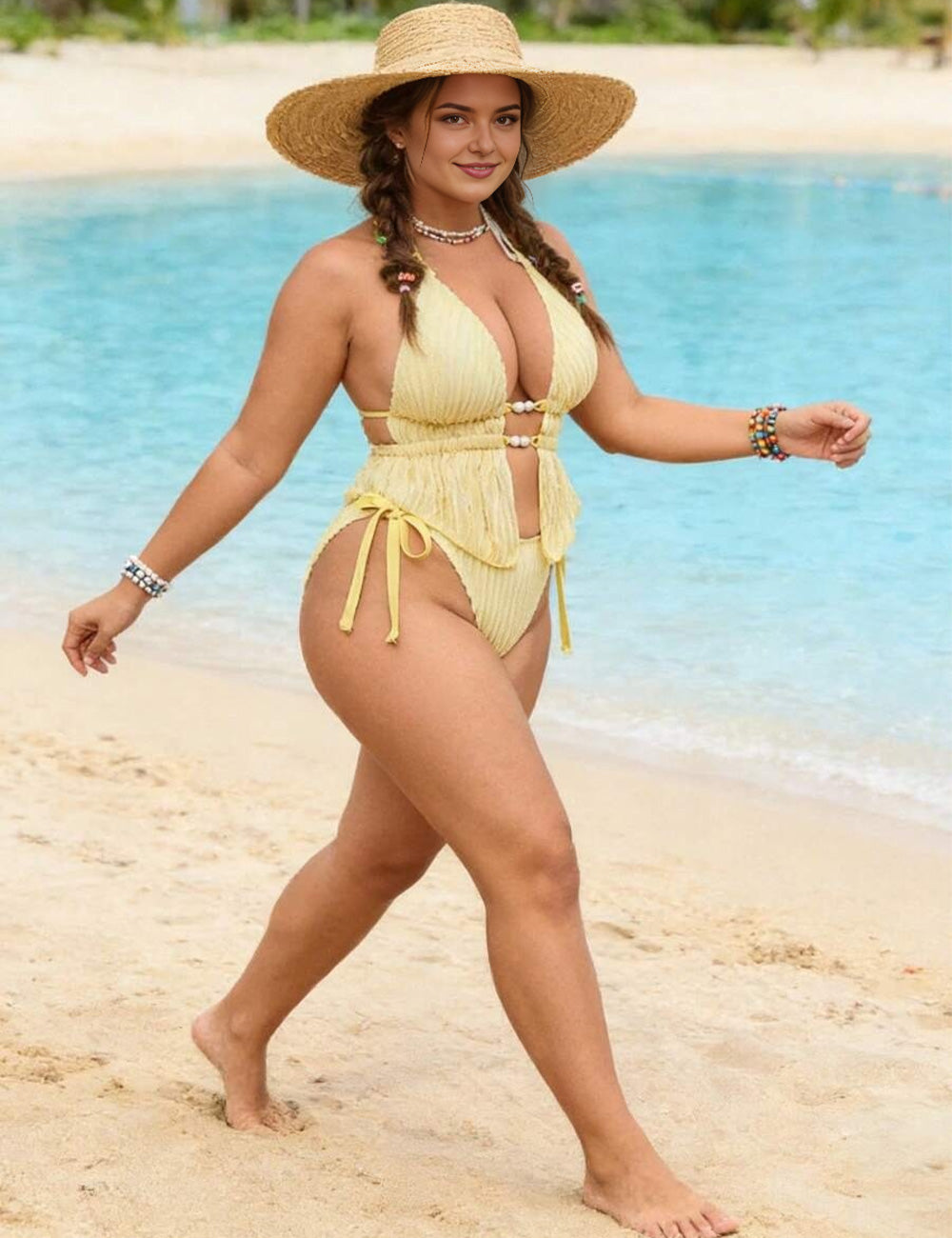 Plus Size Yellow Textured Halter Cut Out Tankini Swimsuit