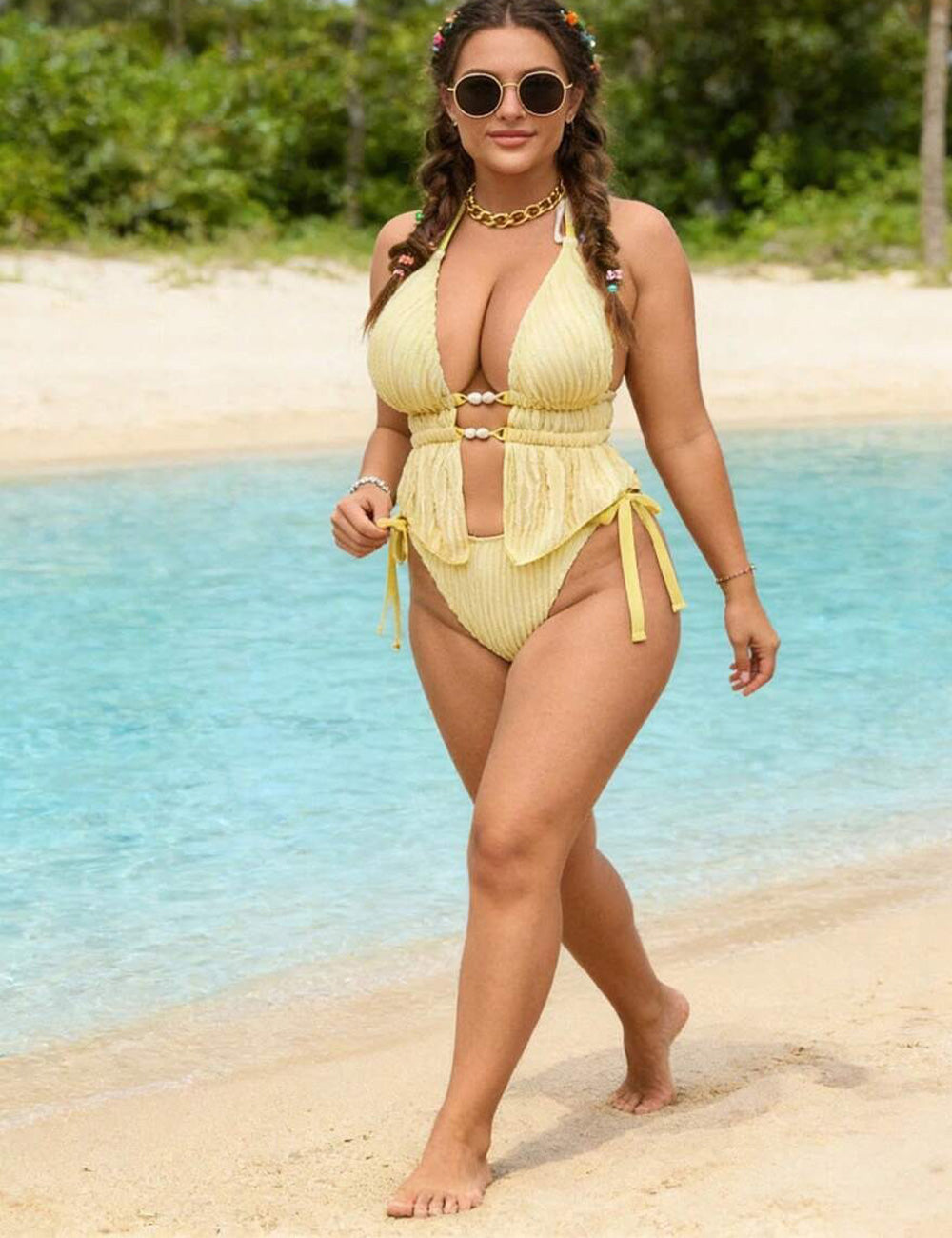 Yellow Plus Size Textured Halter Cut Out Tankini Swimsuit