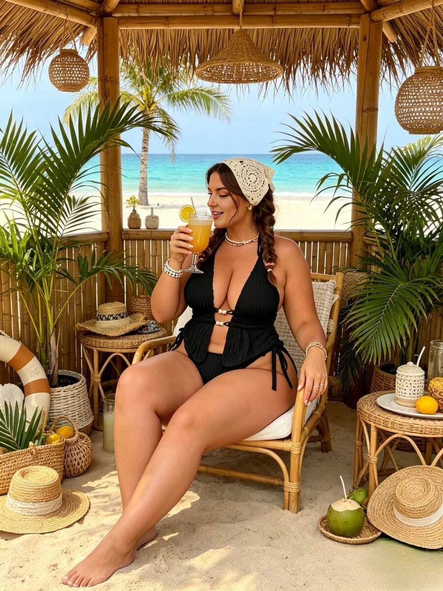 Black Plus Size Textured Halter Cut Out Tankini Swimsuit