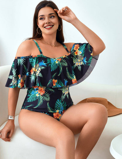 Plus Size Tropical Floral Off Shoulder Ruffle One Piece Swimsuit