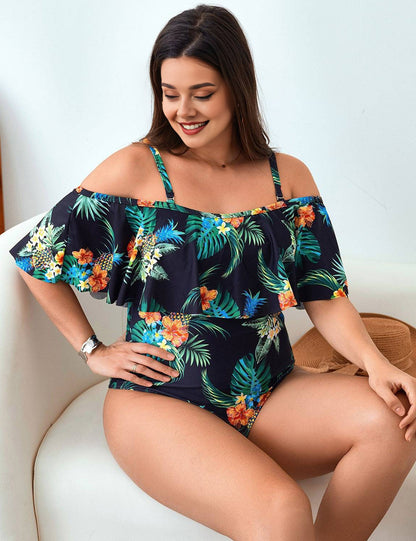 Plus Size Tropical Floral Off Shoulder Ruffle One Piece Swimsuit