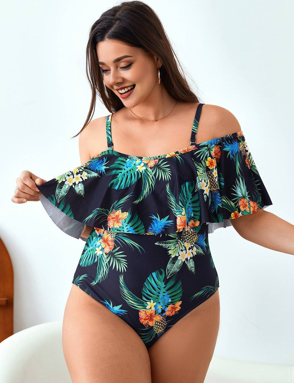 Plus Size Tropical Floral Off Shoulder Ruffle One Piece Swimsuit