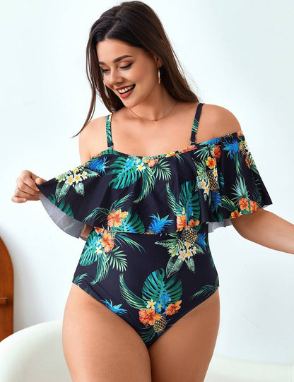 Plus Size Tropical Floral Off Shoulder Ruffle One Piece Swimsuit