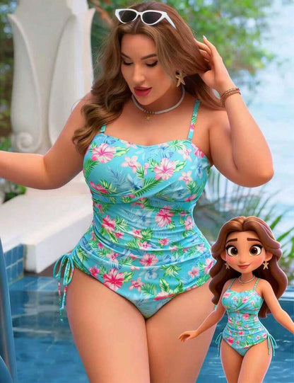 Plus Size Tropical Hibiscus Print Ruched Two Piece Tummy Control Swimsuit