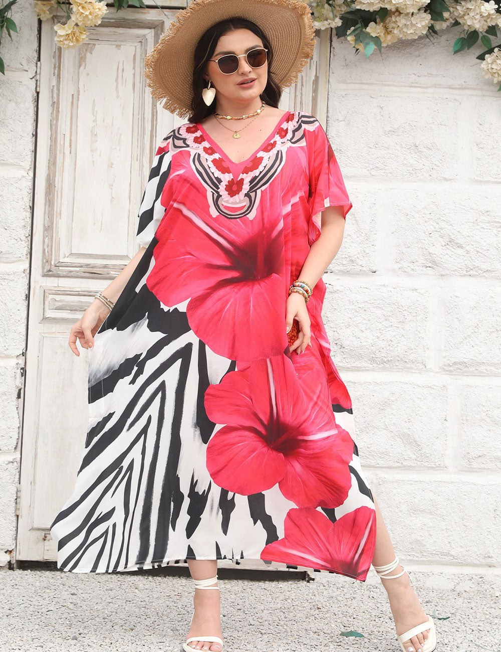Plus Size Tropical Hibiscus Zebra Print Kaftan Dress Swimsuit Cover Up
