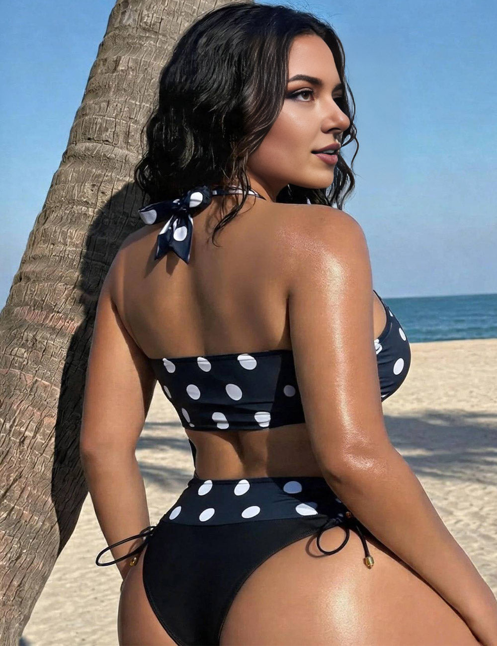 Plus Size Vintage Navy Polka Dot Halter Bikini Set
