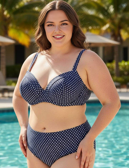 Women Plus Size Vintage Navy Polka Dot High Waisted Bikini