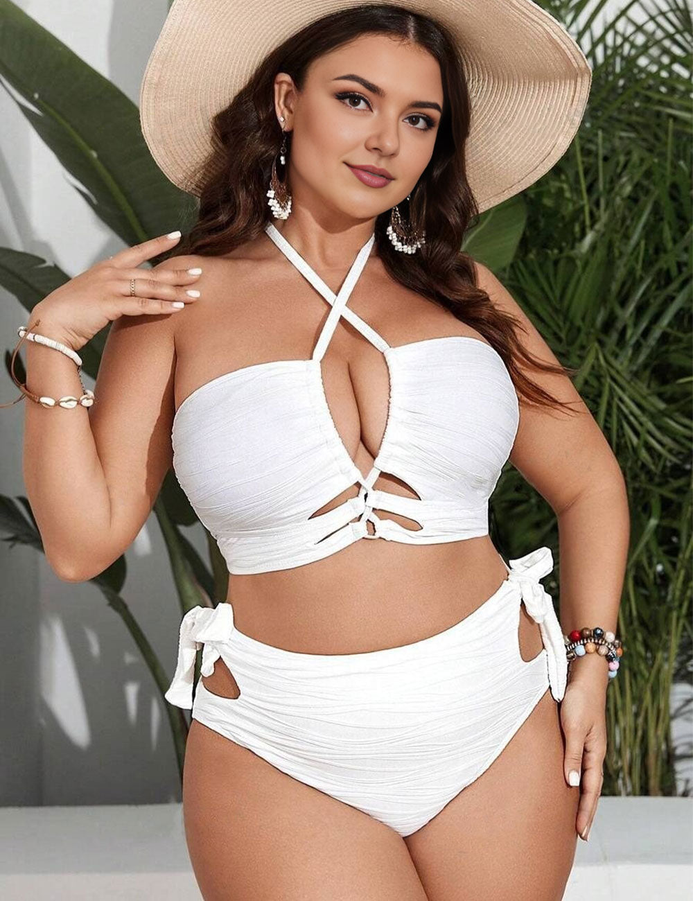 Plus Size White Halter Cut Out High Waisted Bikini