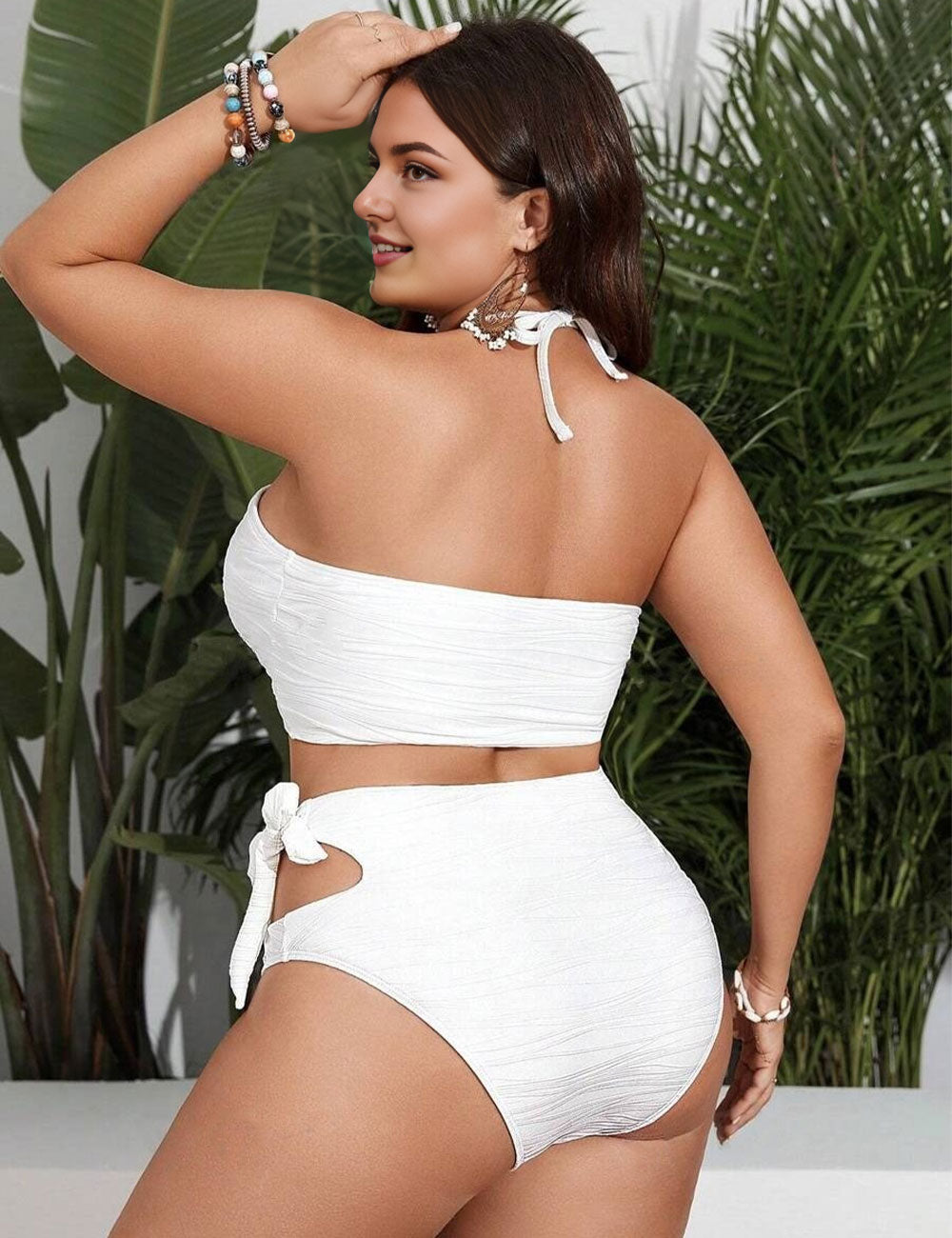 Plus Size White Halter Cut Out High Waisted Bikini