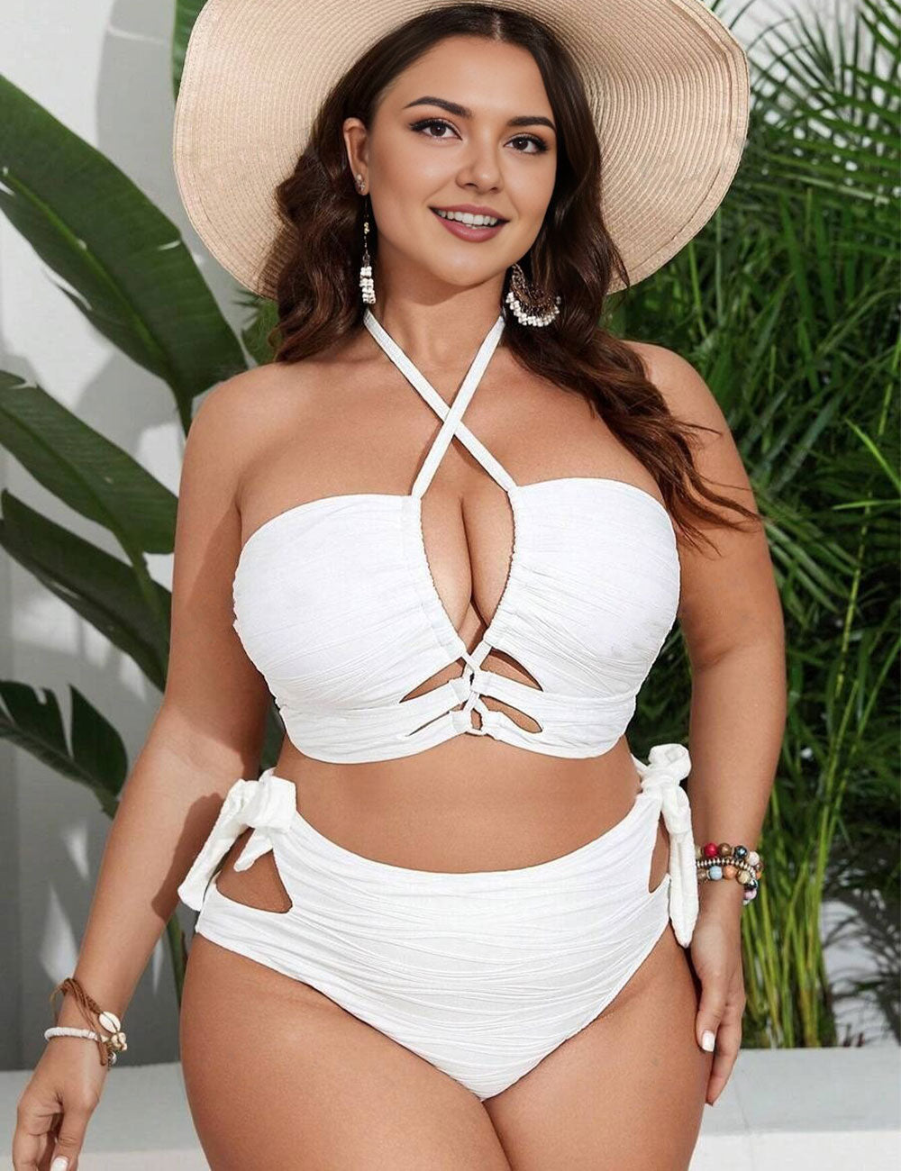 Plus Size White Halter Cut Out High Waisted Bikini