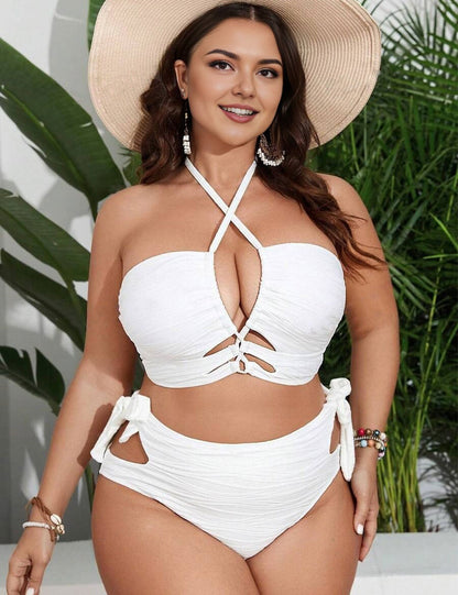 Plus Size White Halter Cut Out High Waisted Bikini