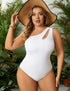 Plus Size White Textured One Shoulder One Piece Swimsuit