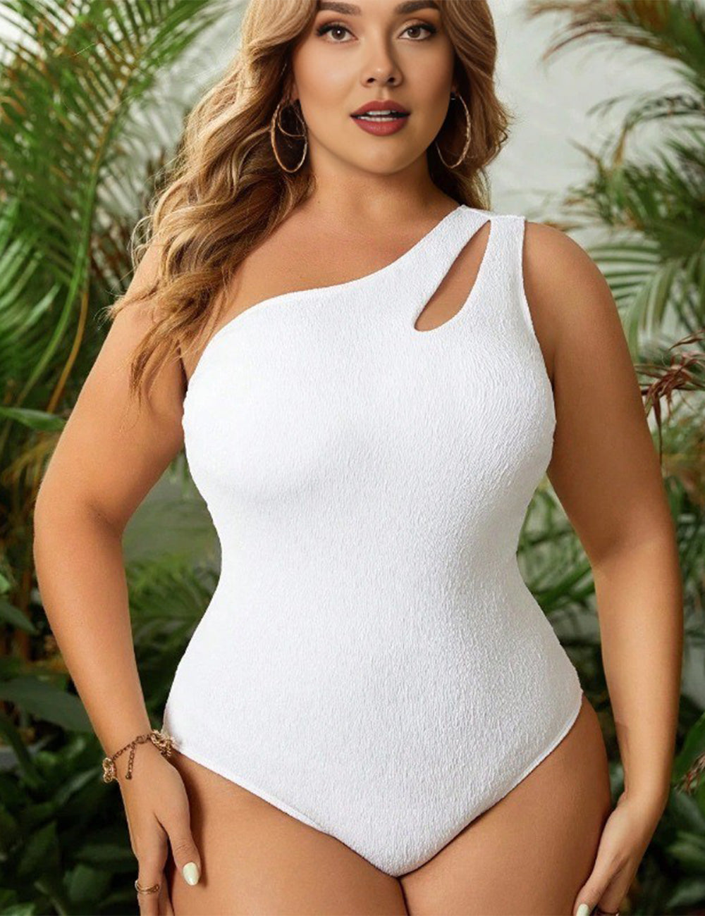 Plus Size White Textured Asymmetrical Cut Out One Piece Swimsuit