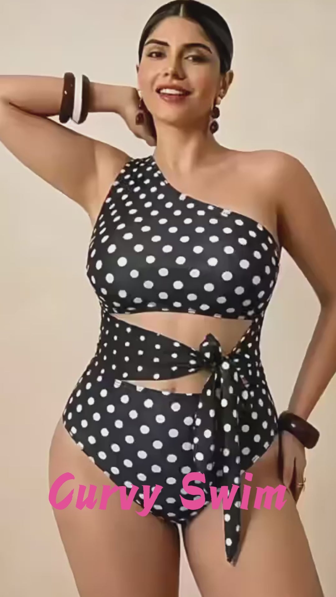 Plus Size Polka Dot One Shoulder Tie Front One Piece Swimsuit Video