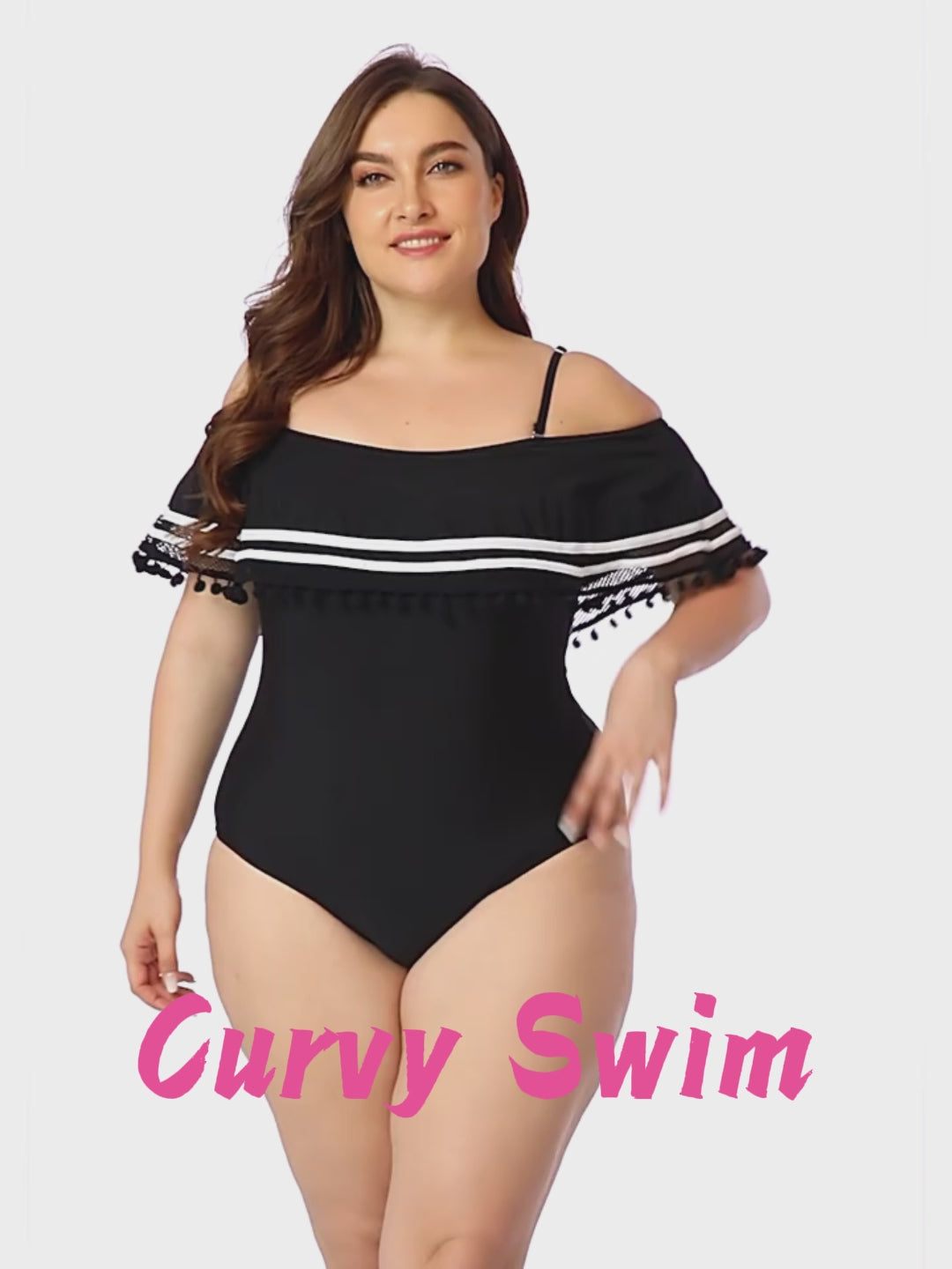 Plus Size Black Off Shoulder Ruffle One Piece Swimsuit Video