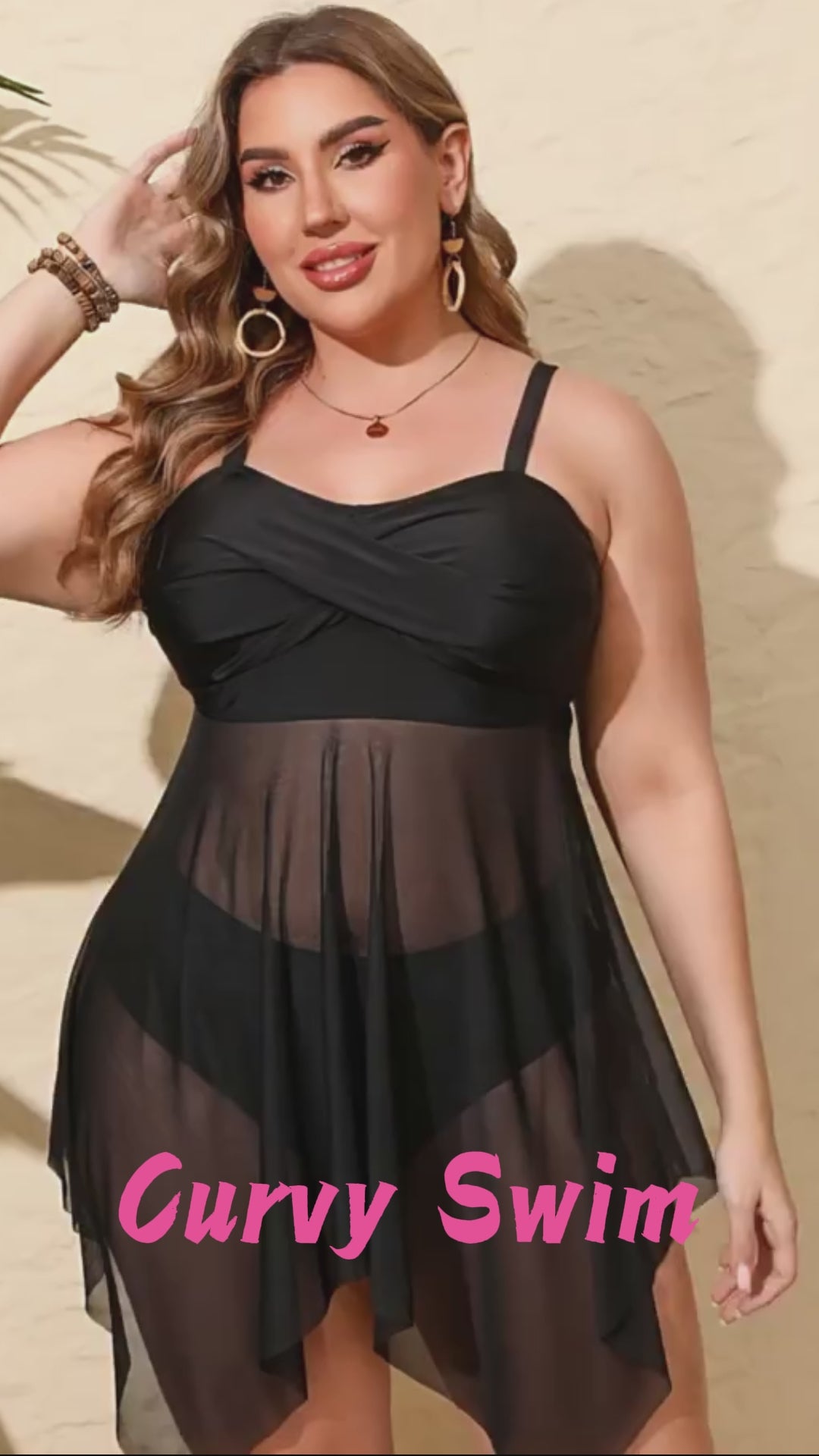Plus Size Black Twist Front Sheer Mesh Flowy Swim Dress Video