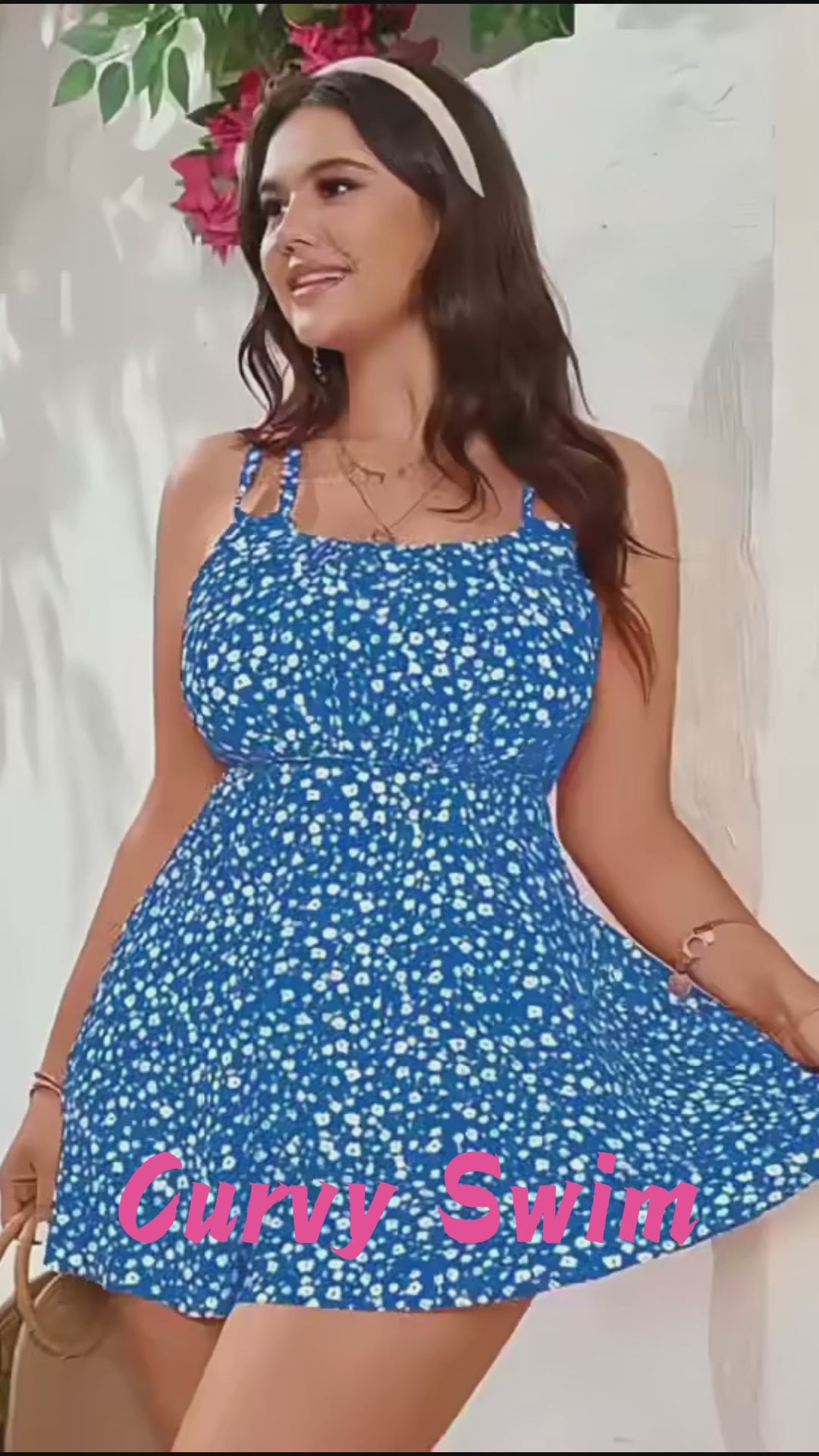 Plus Size Blue Ditsy Floral Crisscross Back Swim Dress Video