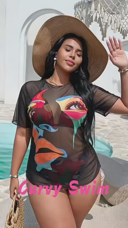 Plus Size Abstract Print 3 Piece Bikini Set Video