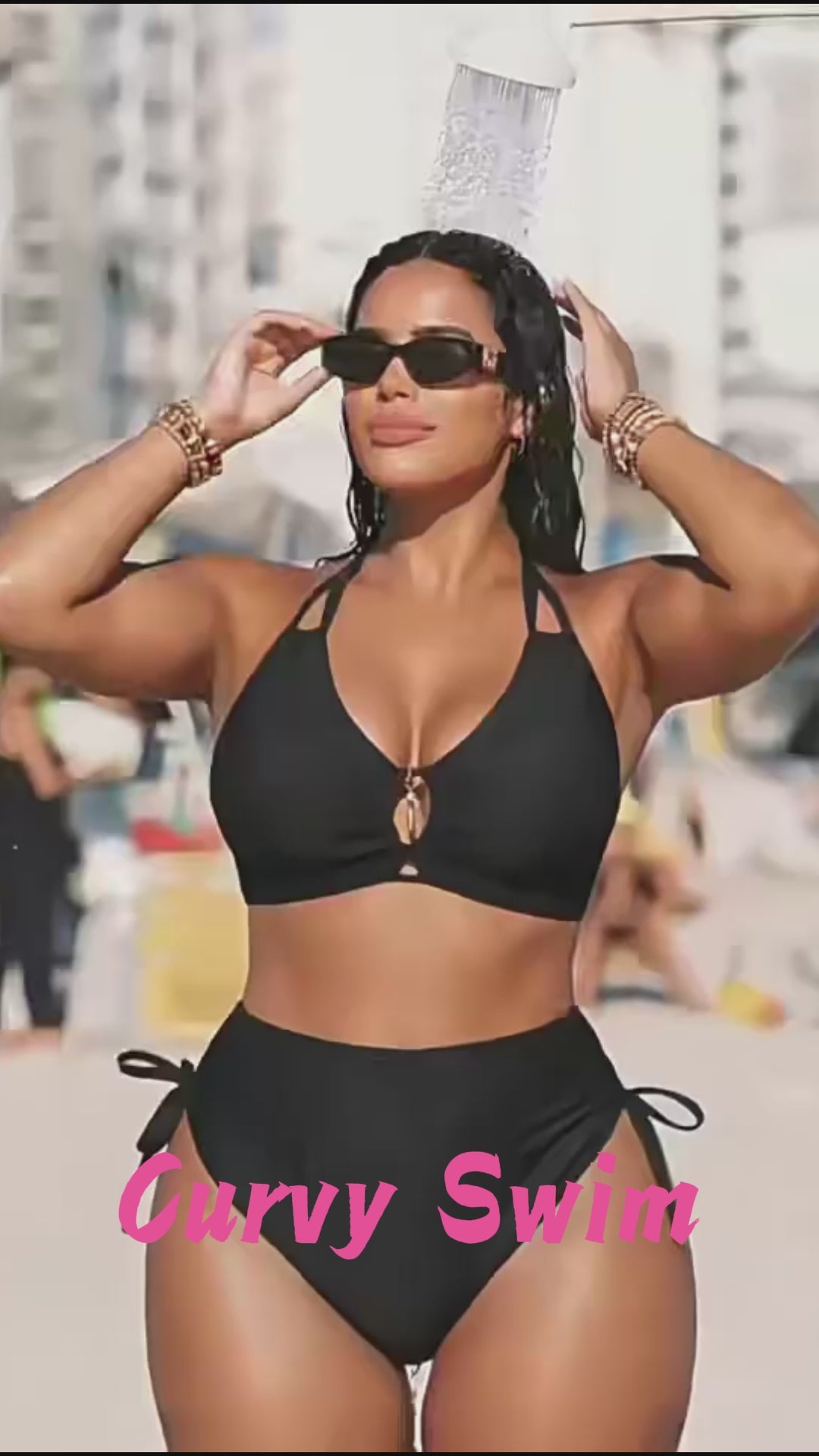 Plus Size Black Ribbed Cutout Halter Bikini Video