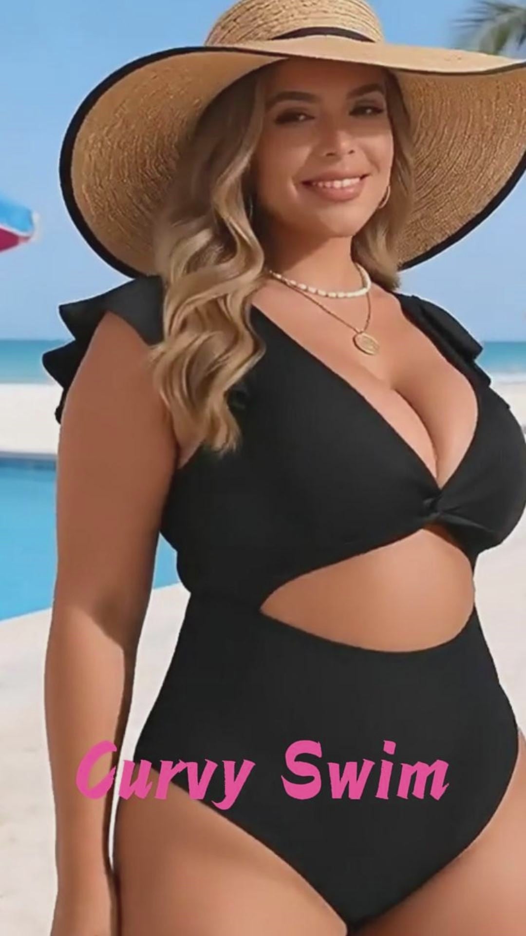 Plus Size Black Ribbed Deep V Cut-Out Ruffle One Piece Swimsuit Video