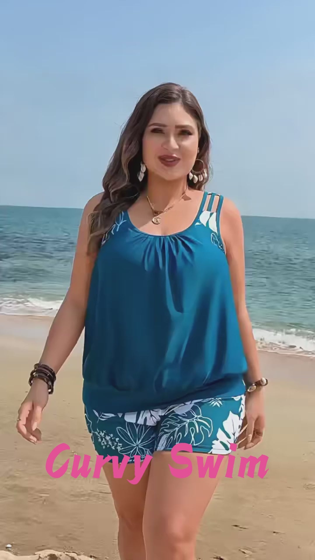 Plus Size Blue Floral Print Tankini Set with Shorts Video