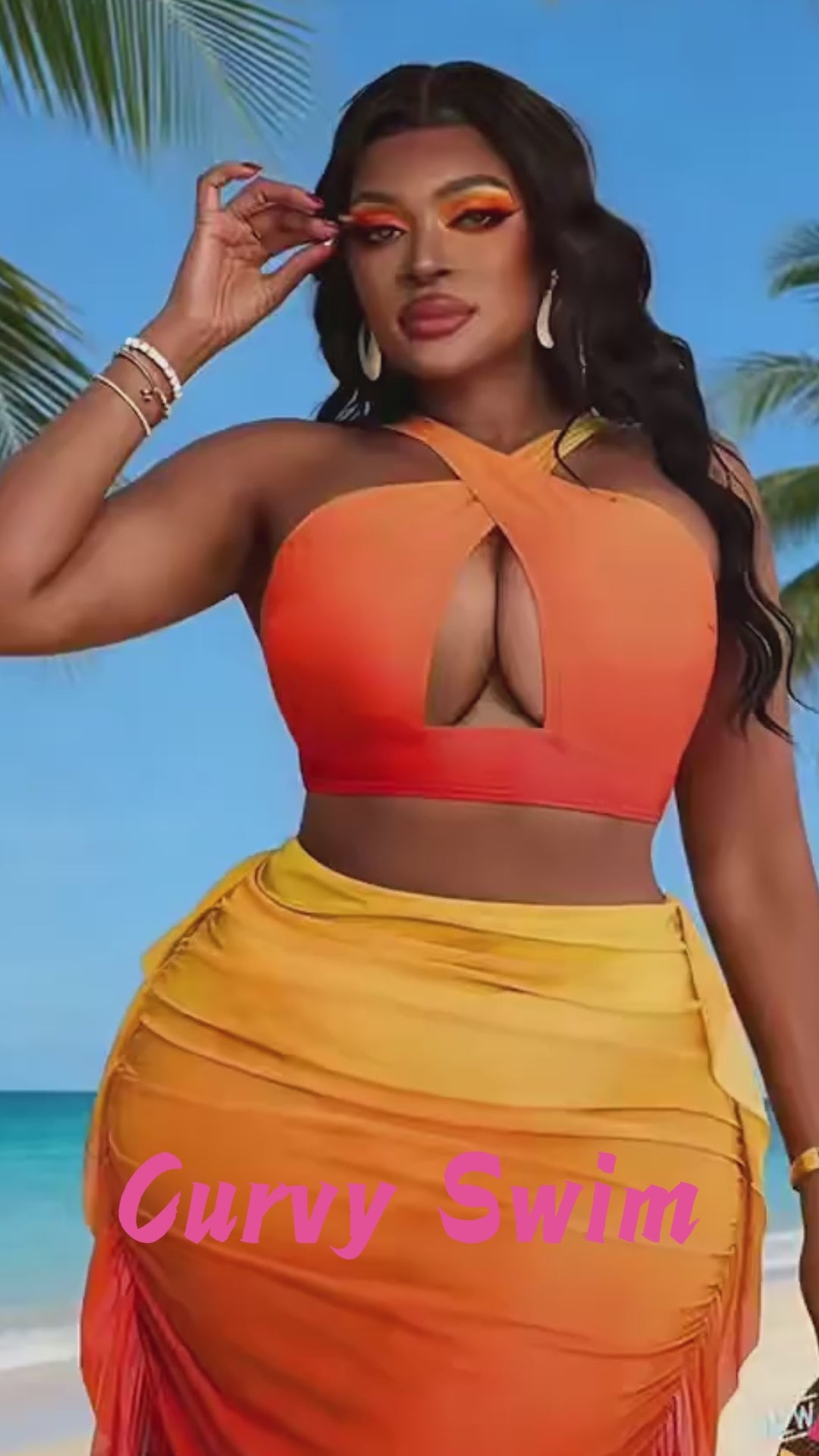 Plus Size Ombre 3 Piece Bikini Set with Skirt Video